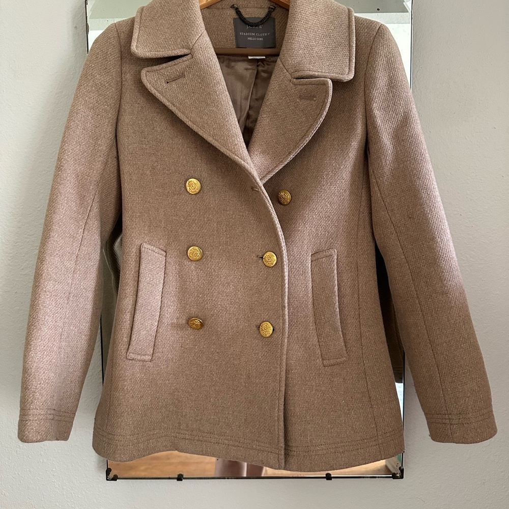 J. Crew Tan Peacoat with Notched Lapels and Gold Buttons